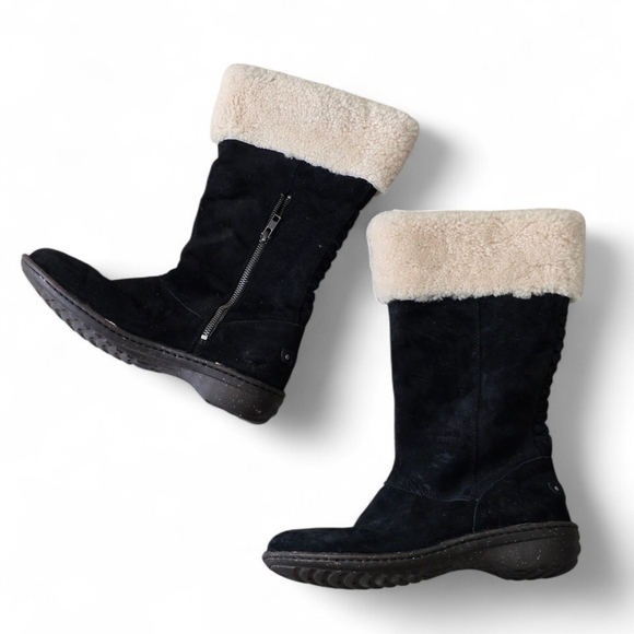 UGG KARYN Shearling Lined Mid Calf Boots Black Suede Side Zip Women’s 10 - Picture 2 of 8
